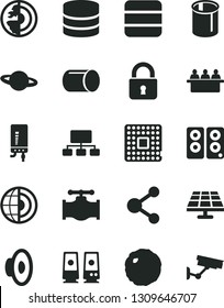 Solid Black Vector Icon Set - loudspeaker vector, electronic boiler, lock, planet, cabbage, solar panel, valve, processor, pipe, pipes, court hearing, connection, scheme, pc speaker, big data