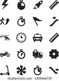 Solid Black Vector Icon Set - truck lorry vector, lightning, stopwatch, wind direction indicator, child Kick scooter, timer, car, delivery, marine propeller, space rocket, wall watch, memory