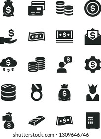Solid Black Vector Icon Set - cards vector, coins, column of, get a wage, dollars, cash, dollar, gold ring, bar, money bag hand, rain, coin, gear, king, mail, dialog, safe