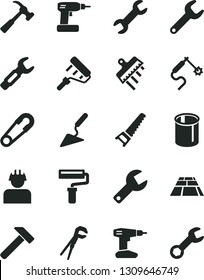 Solid Black Vector Icon Set - paint roller vector, repair key, safety pin, building trowel, adjustable wrench, cordless drill, hand saw, spatula, paving slab, hammer, with claw, builder, pipes