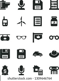 Solid Black Vector Icon Set - desktop microphone vector, floppy disk, hat, camera roll, new abacus, toy mobile phone, estimate, jar of jam, windmill, retro car, vintage sign, glasses, money bag