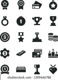 Solid Black Vector Icon Set - brick vector, cards, pedestal, coins, winner podium, prize, award, gold cup, star medal, first place, with pennant, ribbon, hero, diamond ring, bar, dollar coin, gear