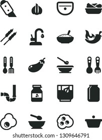 Solid Black Vector Icon Set - deep plate with a spoon vector, plates and spoons, plastic fork, iron, sink, siphon, knife, kitchen faucet, bowl of rice porridge, lettuce in, barbecue, chili, omelette