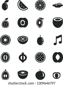 Solid Black Vector Icon Set - music vector, slices of onion, orange slice, half apricot, medlar, mango, peach, melon, tangerine, loquat, passion fruit, kiwi, sour lime, guawa, coconut, grapefruit