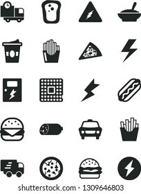 Solid Black Vector Icon Set - lightning vector, dangers, car, delivery, sausage, pizza, piece of, Hot Dog, big burger, a bowl buckwheat porridge, French fries, fried potato slices, coffe to go
