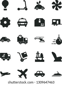 Solid Black Vector Icon Set - truck lorry vector, car child seat, motor vehicle, Kick scooter, big core, delivery, cardboard box, shipment, sea port, marine propeller, retro, Express, helicopter