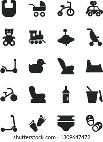 Solid Black Vector Icon Set - measuring bottle for feeding vector, diaper, bib, Baby chair, car child seat, carriage, summer stroller, duckling, motor vehicle present, children's sand set, potty