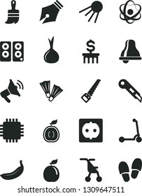Solid Black Vector Icon Set - bell vector, sitting stroller, child Kick scooter, arm saw, wooden paint brush, stationery knife, artificial satellite, banana, guava, half of guawa, onion, cpu, atom