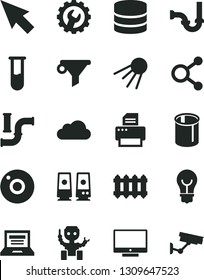 Solid Black Vector Icon Set - Camera Vector, Laptop, Sewerage, Gear, New Radiator, Bulb, Screen, Artificial Satellite, Water Pipes, Filter, Connections, Printer, Pc Speaker, Big Data, Cursor, Cloud