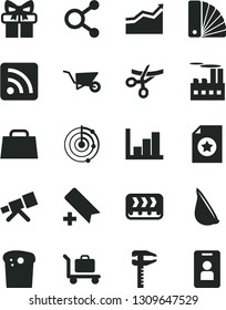 Solid Black Vector Icon Set - add bookmark vector, rss feed, negative histogram, building trolley, color samples, Easter cake, garlic, industrial, conveyor, calipers, connections, hand bag, gift