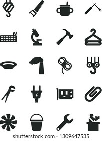 Solid Black Vector Icon Set - mug for feeding vector, hook, winch, adjustable wrench, hand saw, bucket, hawser, hammer with claw, hanger, clip, plate, manufacture, electric plug, welding, repair key