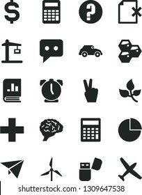 Solid Black Vector Icon Set - plus vector, calculator, pie chart, question, alarm clock, delete page, honeycombs, leaves, windmill, Construction crane, retro car, denomination of the dollar, think