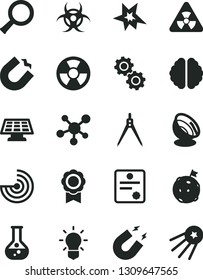 Solid Black Vector Icon Set - flask vector, radiation hazard, horseshoe magnet, molecule, nuclear, zoom, bulb, brain, gears, biohazard, drawing compass, radar, medal, sun panel, satellite antenna