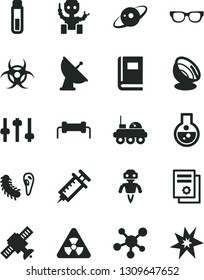 Solid Black Vector Icon Set - scientific publication vector, flask, test tube, molecule, glasses, nuclear, settings, satellite, bactery, book, biohazard, robot, antenna, saturn, lunar rover, syringe