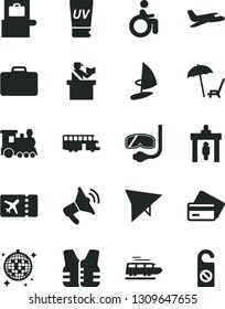Solid Black Vector Icon Set - plane vector, train, bus, hang glider, security gate, suitcase, baggage scanner, passort control, ticket, credit card, arnchair under umbrella, uv cream, disco ball