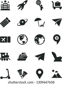 Solid Black Vector Icon Set - paper airplane vector, car child seat, baby toy train, Kick scooter, location, saturn, rocket, man hold world, plane, dollar pin, earth, ticket, arnchair under umbrella