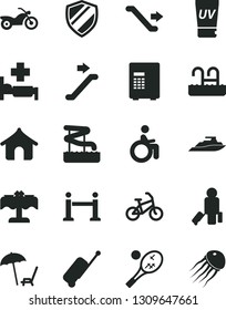 Solid Black Vector Icon Set - bike vector, motorcycle, escalator, rope barrier, passenger, rolling case, boungalow, arnchair under umbrella, uv cream, pool, aquapark, hospital bed, restaurant, safe