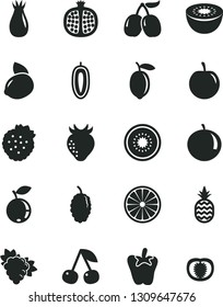 Solid Black Vector Icon Set - peper vector, strawberries, a pineapple, cherry, half pomegranate, branch of grape, strawberry, rose hip, blueberry, mulberry, tasty cornels, tangerine, plum, lemon