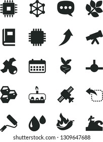 Solid Black Vector Icon Set - new roller vector, move left, torte, honeycombs, hot pepper, beet, drop, calendar, speech, cpu, connect, telescope, satellite, book, biology, 3d cube, arrow up, surfing
