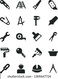 Solid Black Vector Icon Set - paint roller vector, open pin, electronic thermometer e, adjustable wrench, hand saw, measuring tape, ladder, construction helmet, putty knife, stationery, key, builder