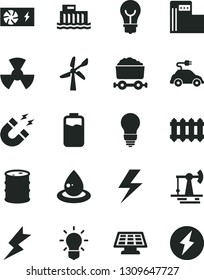 Solid Black Vector Icon Set - lightning vector, bulb, new radiator, charge level, working oil derrick, modern gas station, wind energy, barrel, hydroelectric, drop of, radiation, electric car