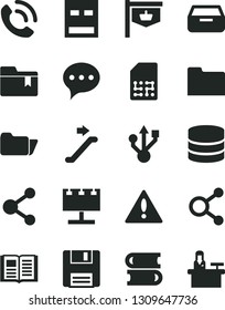 Solid Black Vector Icon Set - warning vector, folder bookmark, books, speech, book, drawer, phone call, SIM, vintage sign, billboard with illumination, connection, connections, usb, floppy, big data