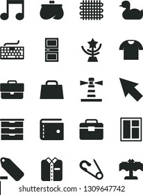 Solid Black Vector Icon Set - briefcase vector, purse, keyboard, remove label, storage unit, open pin, rubber duck, window, portfolio, interroom door, T shirt, folded, weaving, lighthouse, hand bag