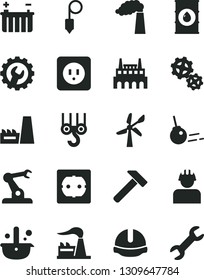 Solid Black Vector Icon Set - winch hook vector, power socket type b, f, construction helmet, plummet, gear, hammer, core, wind energy, manufacture, factory, oil, battery, thermal plant, industrial