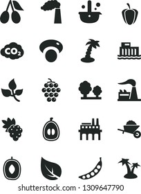 Solid Black Vector Icon Set - garden trolley vector, grape, large, cornels, delicious plum, half loquat, ripe pepper, peas, mashroom, leaves, leaf, manufacture, factory, hydroelectric station, trees