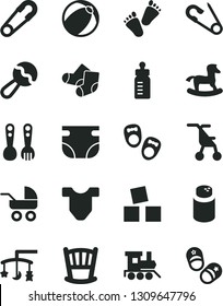 Solid Black Vector Icon Set - cradle vector, toys over the, feeding bottle, nappy, powder, Child T shirt, beanbag, baby carriage, sitting stroller, safety pin, open, bath ball, Knitted Socks