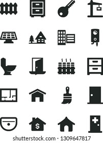 Solid Black Vector Icon Set - bedside table vector, wooden paint brush, sink, toilet, lay out of flat, key, ntrance door, city block, radiator, new, boiler, home, nightstand, Construction crane