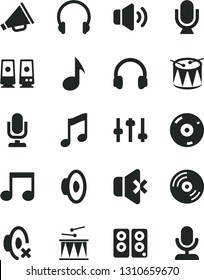 Solid Black Vector Icon Set - desktop microphone vector, horn, loudspeaker, silent mode, drumroll, drum, headphones, music, CD, volume, no sound, pc speaker, note, settings
