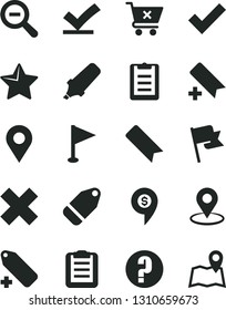Solid Black Vector Icon Set - add bookmark vector, zoom out, check mark, cross, label, pennant, question, star, flag, crossed cart, location, geolocation, text highlighter, clipboard, vote, map