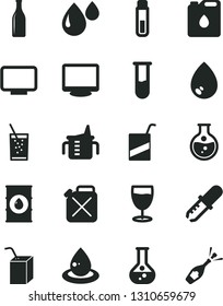 Solid Black Vector Icon Set - measuring cup for feeding vector, e, packing of juice with a straw, drop, glass soda, round flask, oil, canister, bottle, monitor, test tube, pipette, champagne