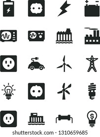 Solid Black Vector Icon Set - power socket type b vector, f, lightning, charging battery, windmill, wind energy, accumulator, hydroelectric station, hydroelectricity, line, industrial building, idea