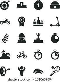 Solid Black Vector Icon Set - stopwatch vector, child Kick scooter, warm hat, timer, pedestal, racer, retro car, winner, laurel branch, podium, target, purpose, first place medal, with pennant, bike