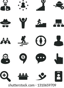 Solid Black Vector Icon Set - zoom vector, hat with glasses, garden trolley, index finger, speech, court hearing, woman, goal, scheme, conversation, scientist, carrer stairway, winner, man hands up