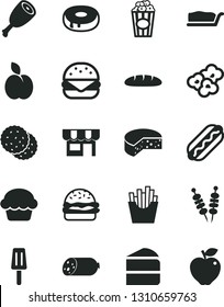 Solid Black Vector Icon Set - kiosk vector, sausage, cheese, loaf, fried vegetables on sticks, Hot Dog, big burger, cake, piece of, slice, with a hole, chicken thigh, French fries, popcorn, cup, red