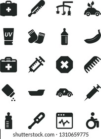 Solid Black Vector Icon Set - mark of injury vector, first aid kit, toys over the cradle, feeding bottle, measuring for, baby powder, electronic thermometer e, mercury, bath, comb, warm socks