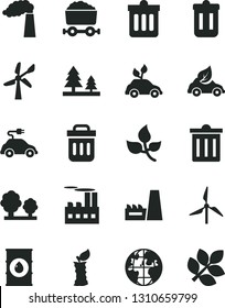 Solid Black Vector Icon Set - bin vector, dust, apple stub, leaves, windmill, wind energy, manufacture, oil, trees, forest, industrial building, thermal power plant, eco car, electric, planet, trash