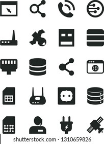 Solid Black Vector Icon Set - power socket type f vector, big data, phone call, plug, SIM card, connection, connections, dispatcher, usb, router, network, browser, lan connector, satellite