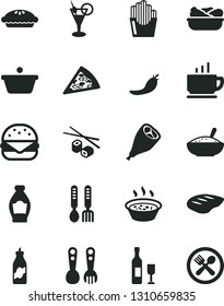 Solid Black Vector Icon Set - plastic fork spoons vector, iron, coffee, piece of pizza, big burger, pie, a bowl rice porridge, in saucepan, lettuce plate, grill chicken leg, chop, Chinese chopsticks