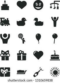 Solid Black Vector Icon Set - heart symbol vector, toys over the cradle, rubber duck, baby duckling, children's train, balloon, gift, cake, slice, birthday, Chupa Chups, giftbox, man hold world, sun
