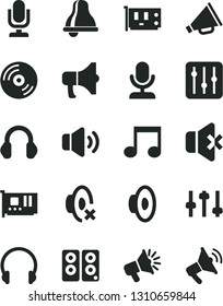 Solid Black Vector Icon Set - bell vector, desktop microphone, horn, loudspeaker, silent mode, headphones, CD, regulator, volume, no sound, megaphone, pc card, speaker, note, settings