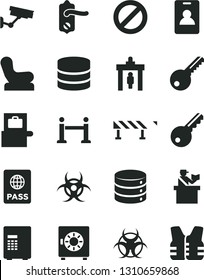 Solid Black Vector Icon Set - prohibition vector, Baby chair, key, door knob, road fence, passport, big data, strongbox, biohazard, rope barrier, identity card, security gate, baggage scanner, safe