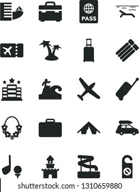 Solid Black Vector Icon Set - suitcase vector, passport, sand castle, plane, car baggage, rolling, ticket, case, hotel, tent, beach, palm tree, hawaii wreath, aquapark, surfing, golf, do not distrub