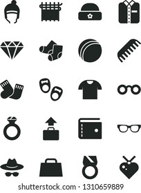 Solid Black Vector Icon Set - purse vector, hat with glasses, bath ball, comb, warm socks, Knitted, shoes for little children, winter, T shirt, folded, cloth industry, hand bag, diamond, ring, gold