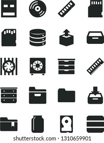 Solid Black Vector Icon Set - folder vector, bookmark, storage unit, chest of drawers, CD, big data, put in a box, drawer, strongbox, unpacking, jar, radiator fan, memory, hdd, usb, sd card