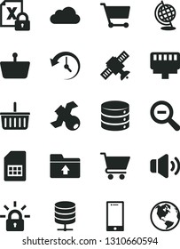 Solid Black Vector Icon Set - grocery basket vector, zoom out, upload folder, smartphone, big data, server, volume, cart, SIM card, shopping, encrypting, lan connector, history, cloud, satellite