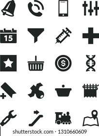 Solid Black Vector Icon Set - add bookmark vector, grocery basket, plus, bell, calendar, smartphone, phone call, cloth industry, steel repair key, pan, filter, dna, settings, satellite, syringe, map